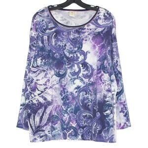 Jess & Jane Top 3/4 Sleeve Boho Abstract Baroque Embellished USA Purple White 3X